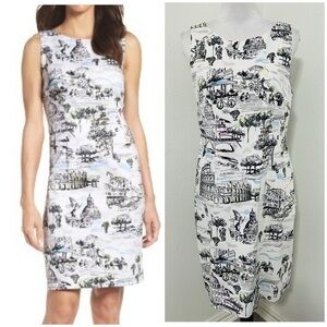 Chetta B Monochrome Scenic Print Midi Sheath Dress Women’s Size 10 Black/White